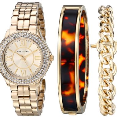 Swarovski Crystal Accented Gold-Tone Dress Watch and Bracelet Set