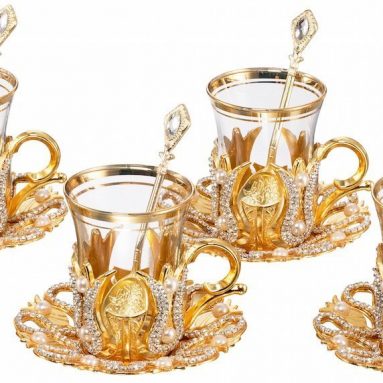 Tea Glasses with Holders Lids and Saucers Set