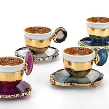 Turkish Coffee Espresso Cup and Saucer Decoreted with Natural Stone