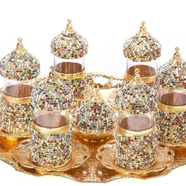 Turkish Tea Glasses Set Saucers Holders Swarovski Crystal Set