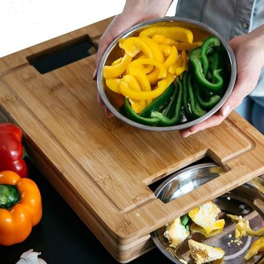 Unique Bamboo Cutting Board with Stainless Steel Clearing Bowls