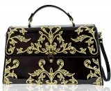 Valentino Orlandi Damask Embroidered Black & Gold Leather Large Crossbody Bag