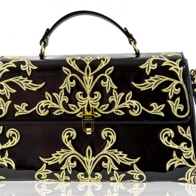 Valentino Orlandi Damask Embroidered Black & Gold Leather Large Crossbody Bag
