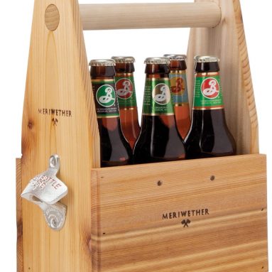 WOODEN BEER TOTE WITH BOTTLE OPENER