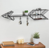 Wall Mounted Arrow Design Metal Wire Floating Shelf with 3 Hooks