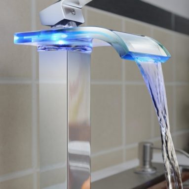 Water Power Waterfall Bathroom Sink Faucet with Color Changing LED Lights Glass
