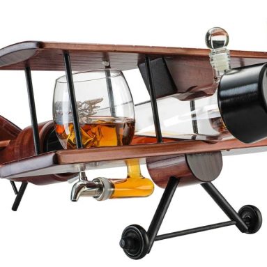 Whiskey Decanter Airplane Set and Glasses Antique Wood Airplane
