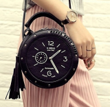 Women’s PU Tassel Round Clock Shape Zippered Tote Handbag