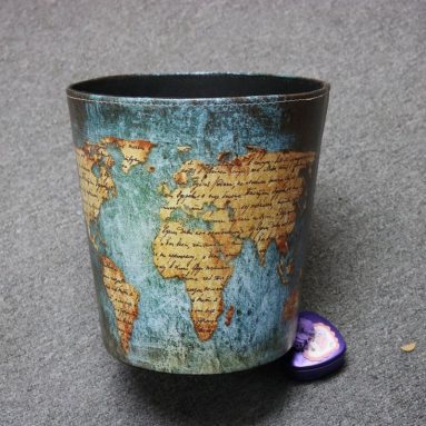 World Map Pattern PU Leather Paper Basket Trash Can