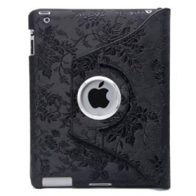 Black Embossed Flower Luxury Leather Case for iPad 2