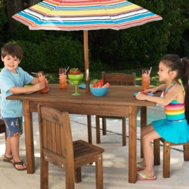 Table and Stacking Chairs with Striped Umbrella