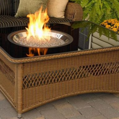 Resin Wicker Fire Pit Table in Saddle