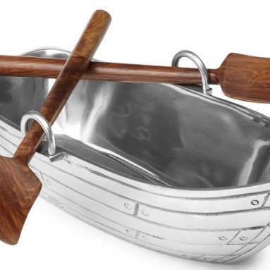ROW BOAT SALAD BOWL WITH WOOD SERVING UTENSILS
