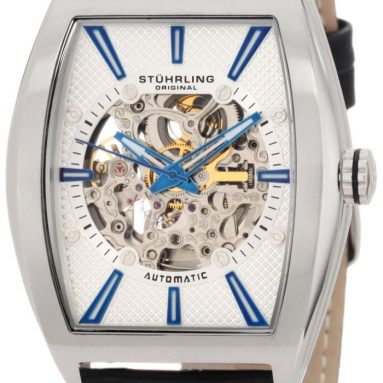 Stuhrling Original Men’s Automatic Skeleton Silvertone Watch Set