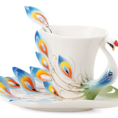 Porcelain Enamel Graceful Peacock Tea Coffee Cup Set