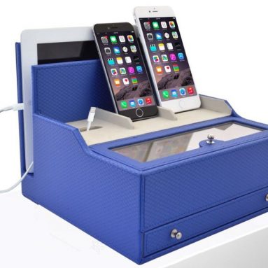 Charging Valet Office  Desk Organizer & Electronics Caddy Faux Leather Station Blue
