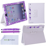 iPad 4 3 2 White Leather Case with Sparkling Rhinestone Flowers