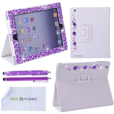 iPad 4 3 2 White Leather Case with Sparkling Rhinestone Flowers
