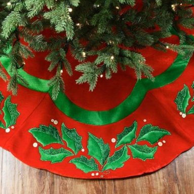 48″ Velvet Christmas Tree Skirt with Holly