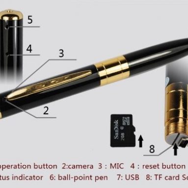 Golden Mini DVR Video Pen with 2GB Micro SD Card and Card Adapter