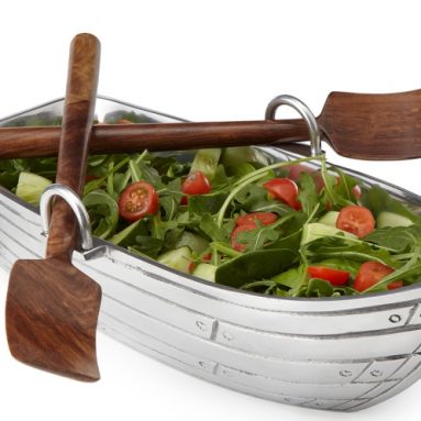 BOAT SALAD BOWL WITH WOOD SERVING UTENSILS
