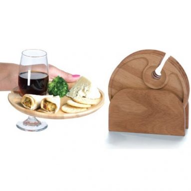 Set of 4 Wood Carved Cocktail Trays and Wine Holder Plates
